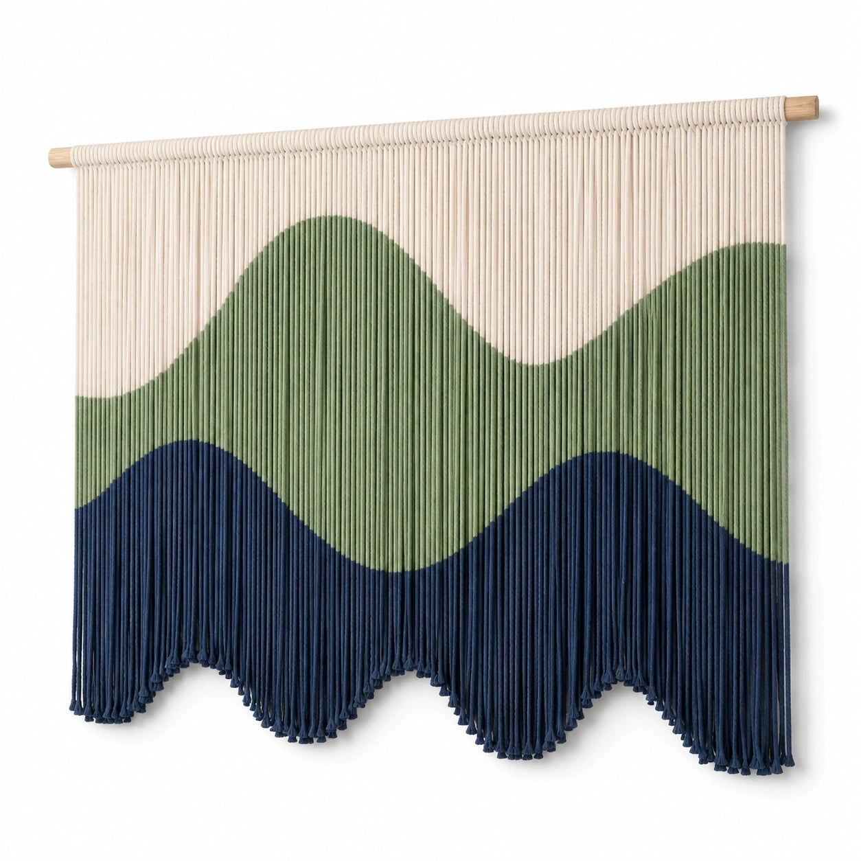 Makramee Wandteppich 100 x 100 cm Baumwollkordel Grün Beige Dunkelblau Bergmotiv