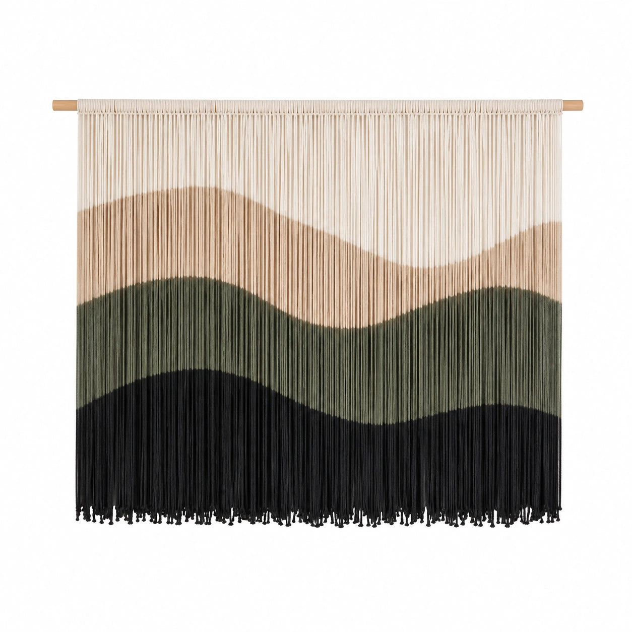 Wandteppich 100 x 100 cm aus Baumwollkordel in Beige Grün Schwarz mit Holzstab