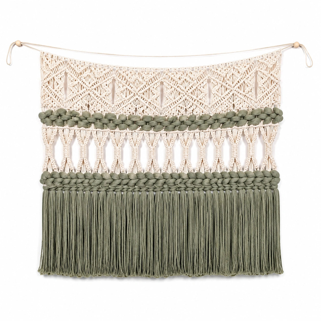 Makramee Wandbehang 80 x 90 cm aus Baumwolle in Creme und Grün mit Fransen im Boho Stil