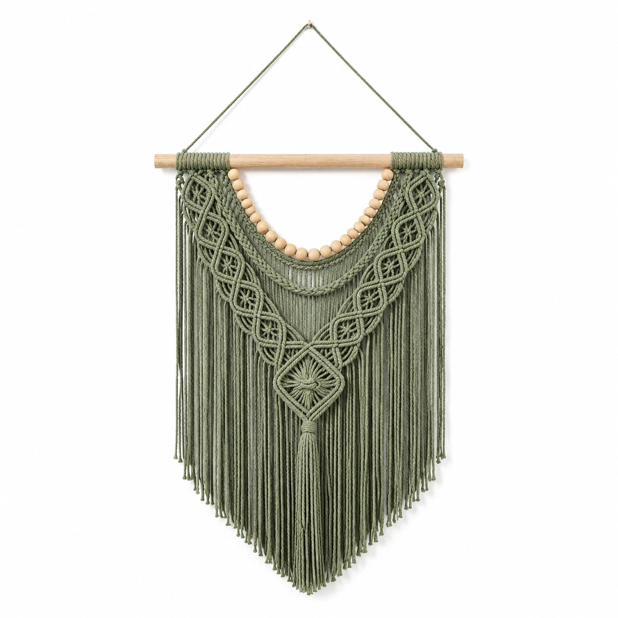 Makramee Wandbehang 50 x 90 cm aus Baumwollkordel in Salbeigrün mit Holzstab im Boho Stil