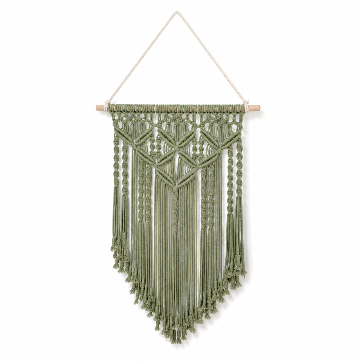 Makramee Wandbehang 40 x 80 cm aus Baumwolle in Salbeigrün mit Holzstab im Boho Stil