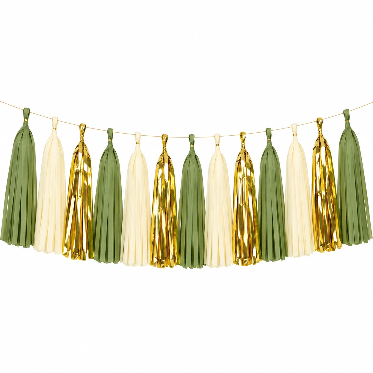 Quastengirlande 150 cm aus Papierfolie Grün Creme Gold für Partydekoration