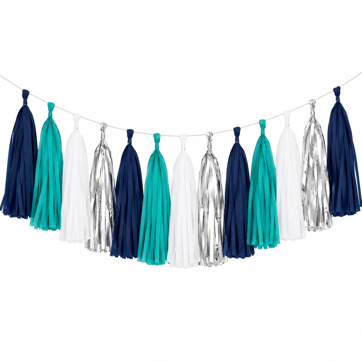 Quastengirlande 250 cm Papierfolie Türkis Weiß Silber Marineblau hängende Partydekoration