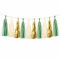 Quastengirlande 300 x 35 cm aus Papierfolie Grün Creme Gold für Partydekoration
