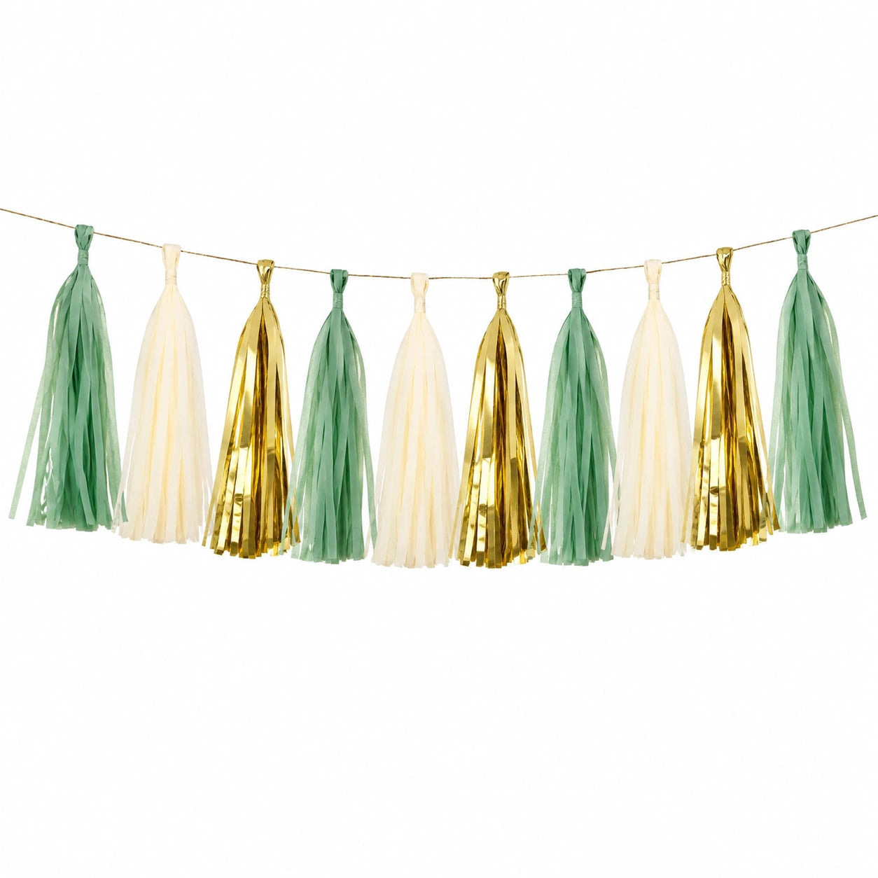 Quastengirlande 300 x 35 cm aus Papierfolie Grün Creme Gold für Partydekoration