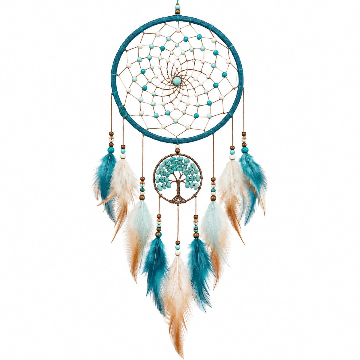 Traumfänger 35 x 75 cm Baumwollkordel Türkis Weiß mit Federn Boho Wanddekoration