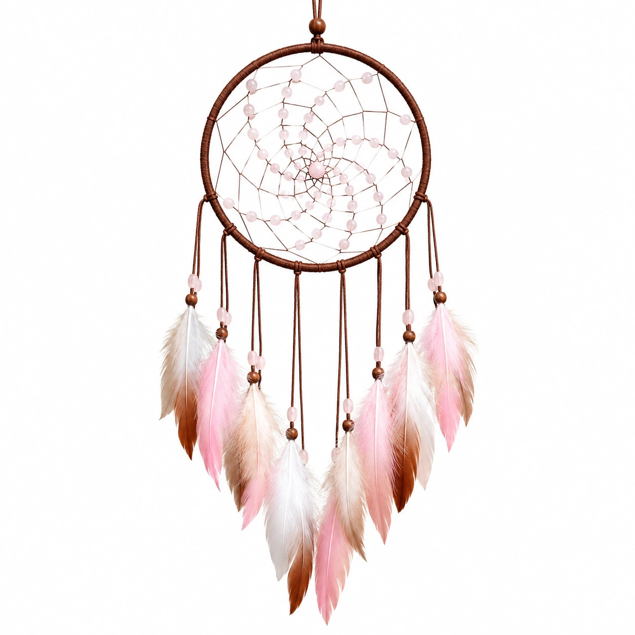 Traumfänger 25 x 65 cm Braun Rosa mit Federn Perlen Wanddekoration Boho