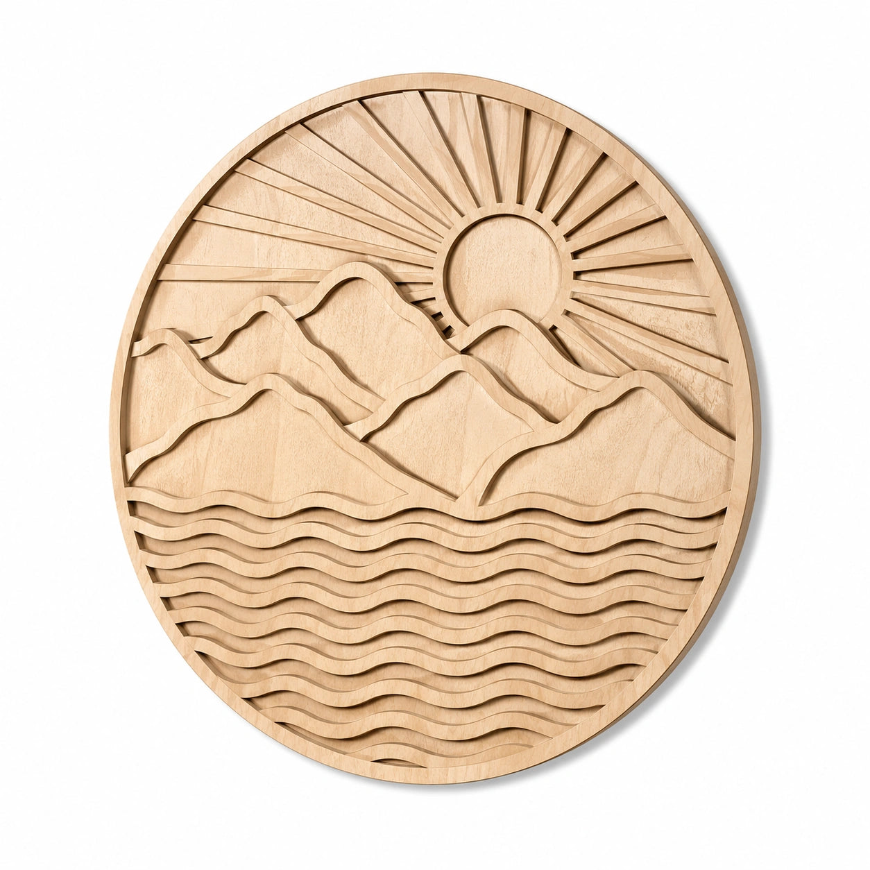 Wanddekoration 60 cm aus Holz Natur rund mit Berglandschaft Relief