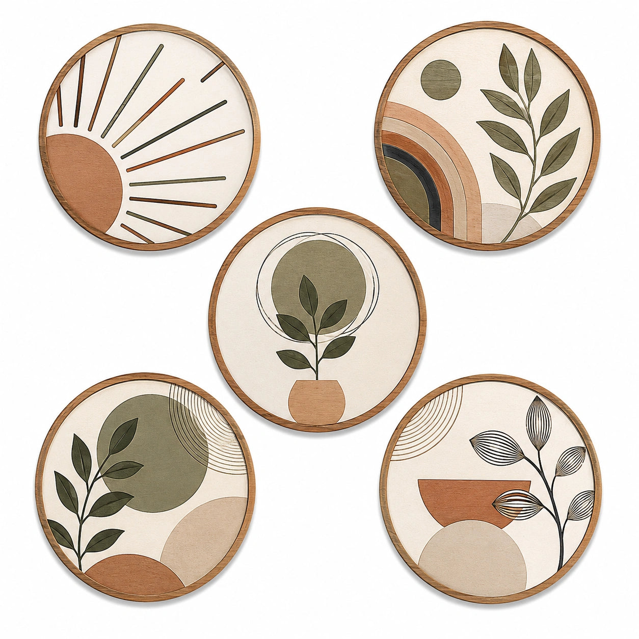 Wanddekoration 5-teilig Ø 30 cm aus Holz in Beige Braun Grün mit botanischem Reliefdesign