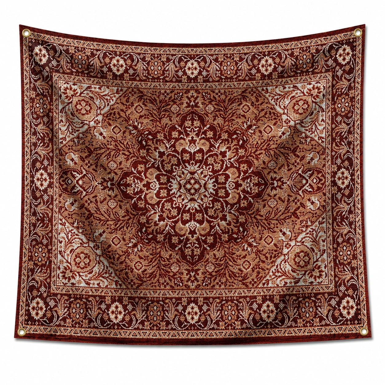 Wandteppich 150 x 130 cm Polyester Rotbraun Creme Blumenornament mit Ösen