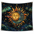Wandteppich 150 x 150 cm aus Polyester Dunkelblau mit Sonne Mond Sternen Motiv zur Wanddekoration