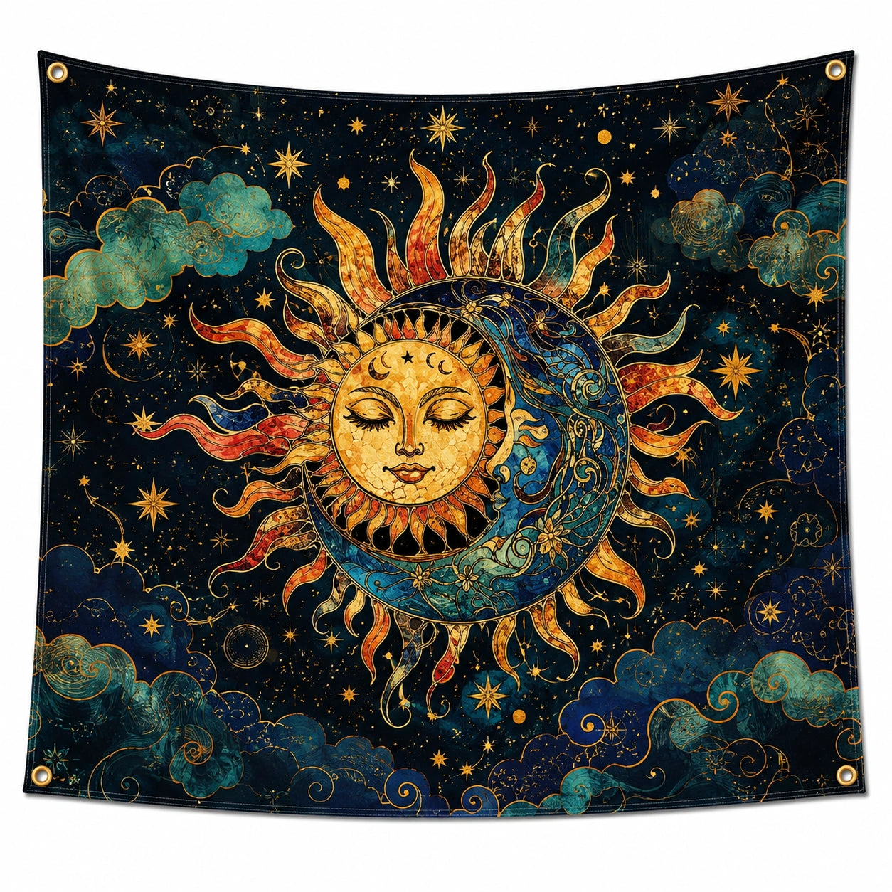 Wandteppich 150 x 150 cm aus Polyester Dunkelblau mit Sonne Mond Sternen Motiv zur Wanddekoration