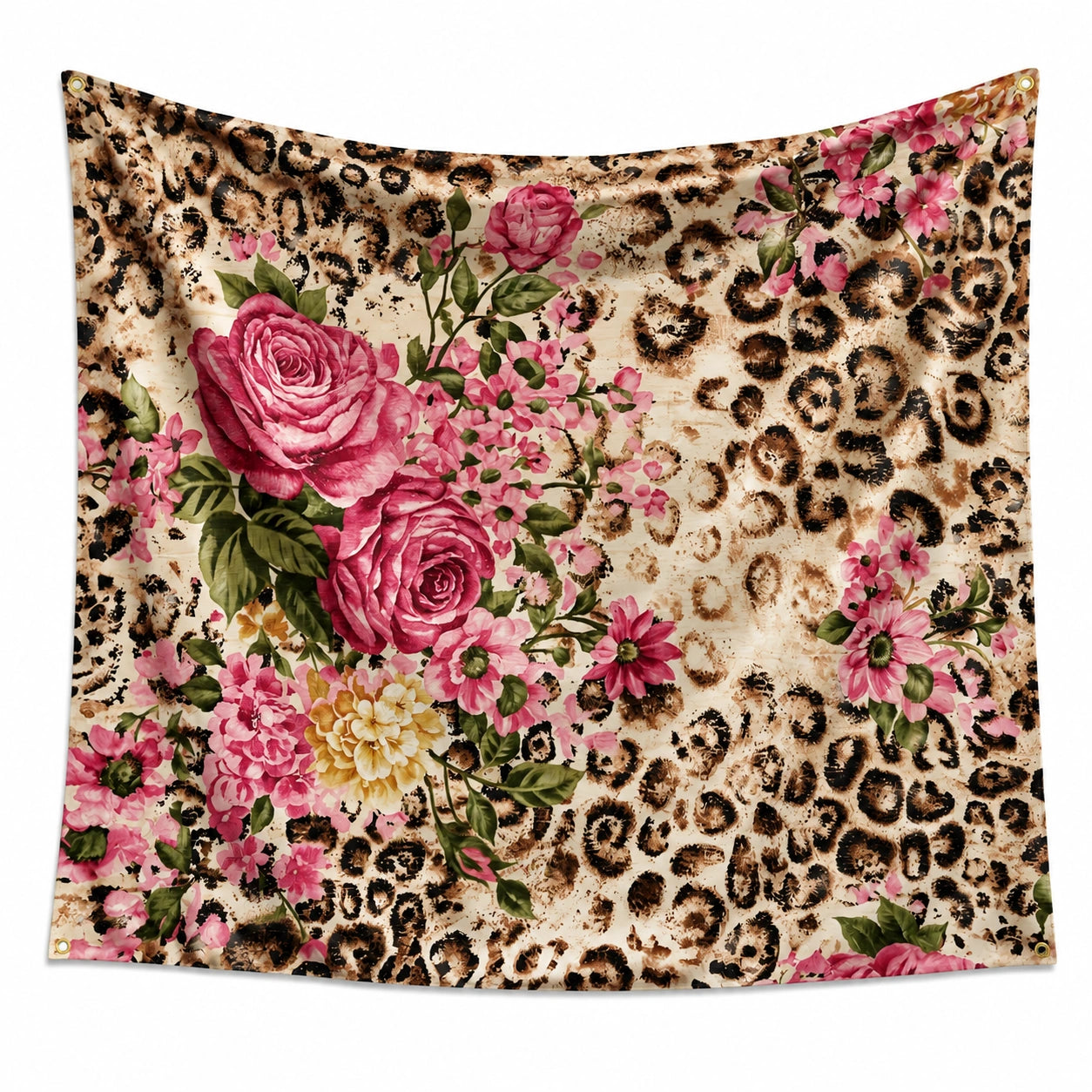 Wandteppich 150 x 150 cm aus Polyester in Beige Braun Rosa mit Leopardenmuster und Blumenmotiv