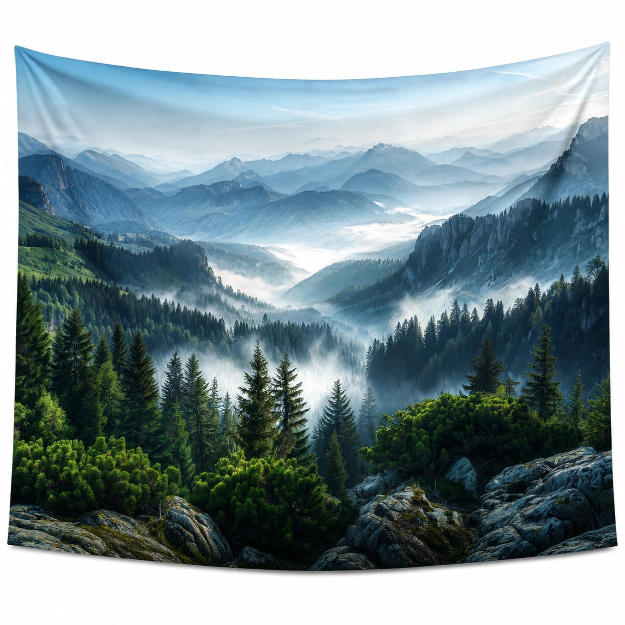 Wandteppich 150 x 130 cm aus Polyester Blau Grün mit Berglandschaft für Wanddekoration