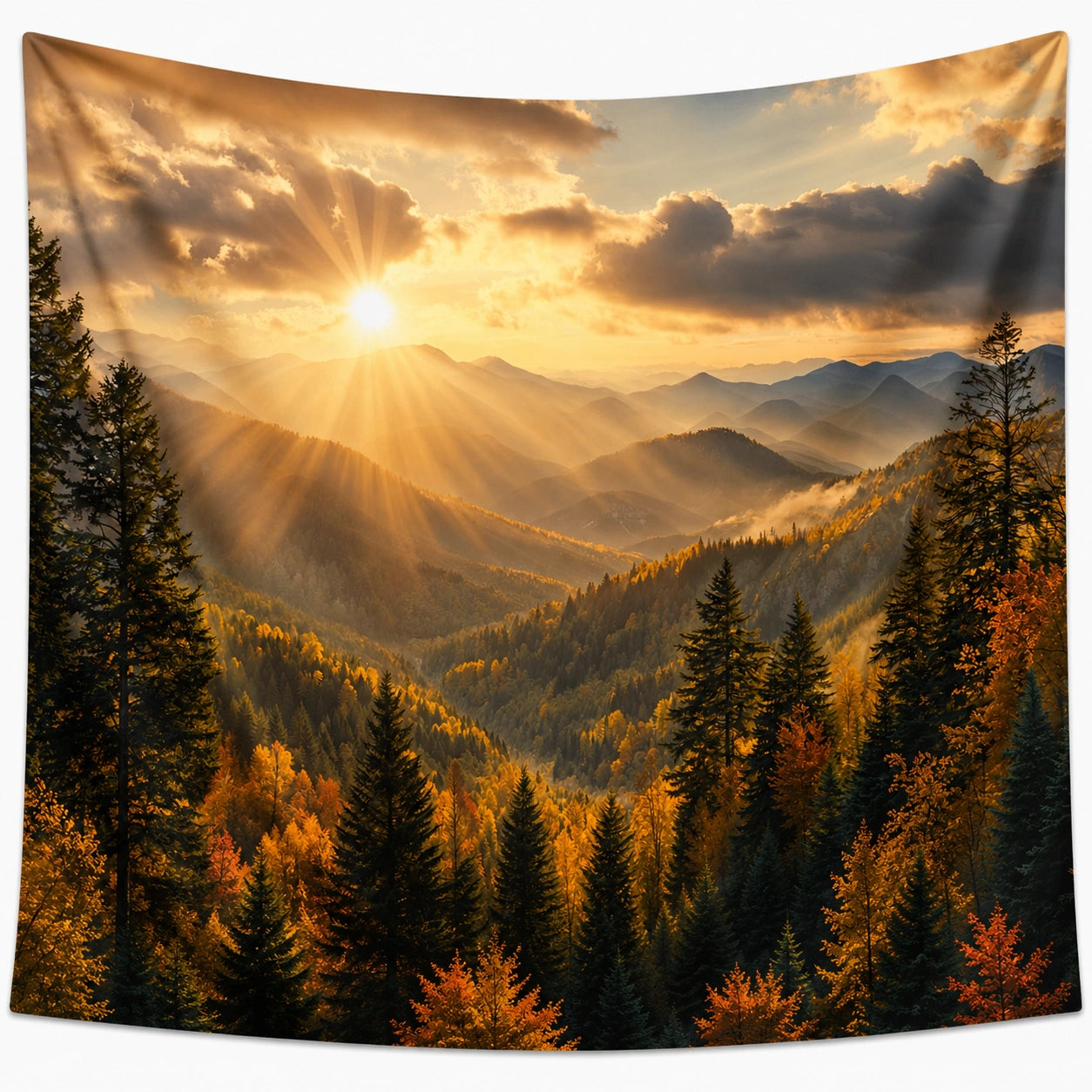 Wandteppich 150 x 150 cm aus Polyester in Braun Orange mit Berglandschaft Sonnenuntergang